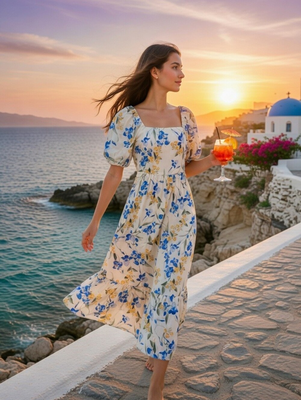 Floral Puff-Sleeve Maxi Dress - White with Blue & Yellow Blooms - Picture 1 of 10
